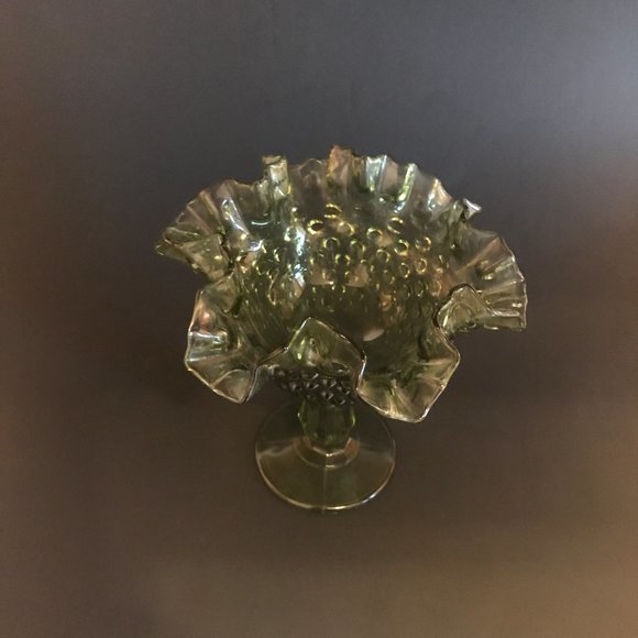 Fenton Avocado Green Glass  Candy / Compote Dish Ruffled Edge Hobnail Pattern - Picture 3 of 5